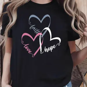 Faith Hope Love Heart Print Inspirational Graphic Print T - Shirt Women's Spring - Summer Short - Sleeve Crew - Neck Casual T - Shirt, Daily Leisure, Holiday Gift Black CLL T-shirts-1222