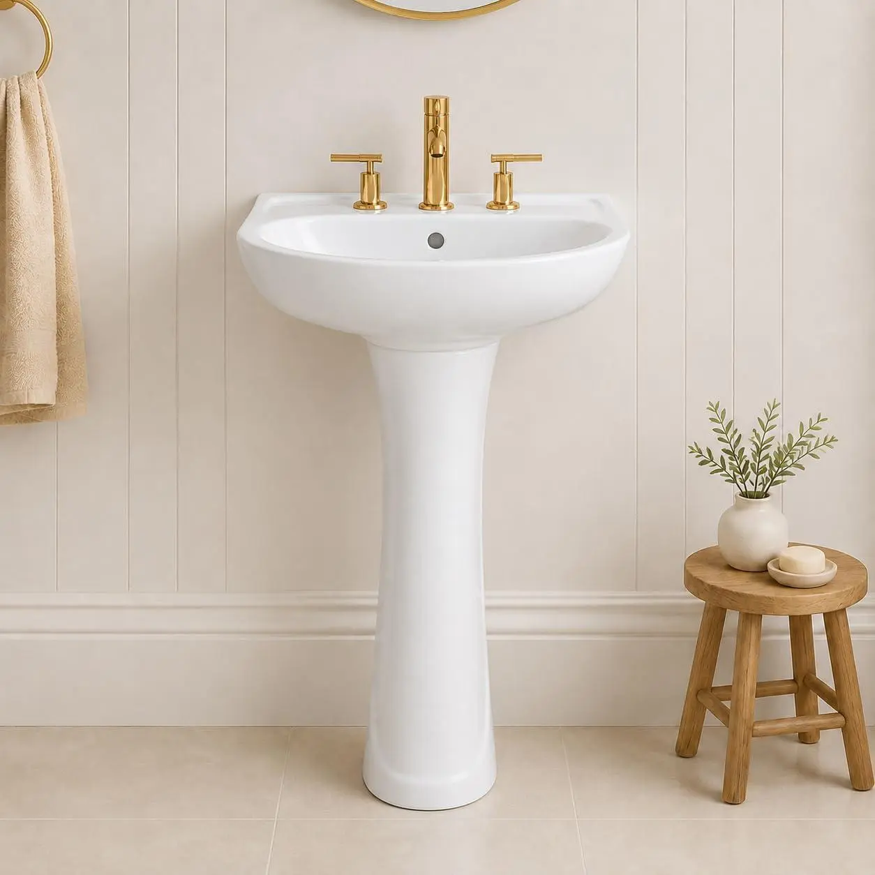GARVEE White Ceramic Pedestal Bathroom Sink, Freestanding Single‑Hole Pedestal Basin, Glossy Non‑Porous Ceramic for Small Bathroom Powder Room Half Bath Renovation