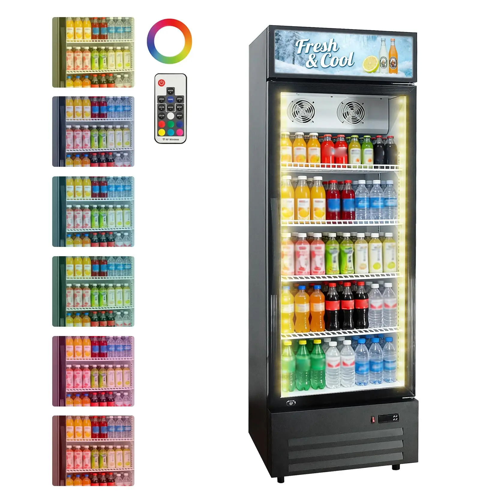 Garvee 19.1 Cu.ft Commercial Beverage Cooler with RGB LED Lights and Remote Control, 280-Can Capacity, Glass Door Display Fridge, Air-Cooled Frost-Free, Top Light Box, Available in Black and Silver for Bars and Restaurants