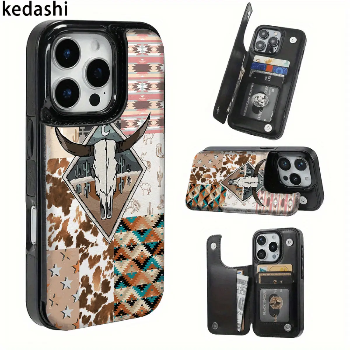 Western Longhorn Wallet Phone Case - Rugged PU Leather Card Holder with 3 Hidden Card Slots, Cash Sleeve, Slim Flip Stand, Shockproof Protection, Fade-Proof Longhorn Art - Fits iPhone 17/16/15/14/13/12 Pro/Pro Max/Plus/Air