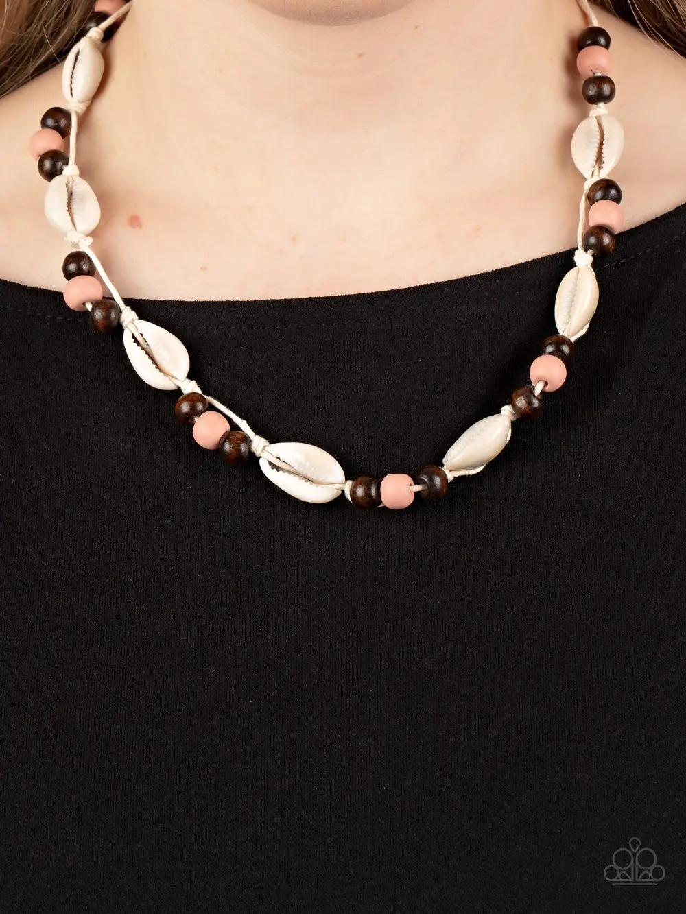 Bermuda Beachcomber - Pink Corded Necklace, Cowrie Shells Alternate. with Sections of Brown and Pink Wooden Beads