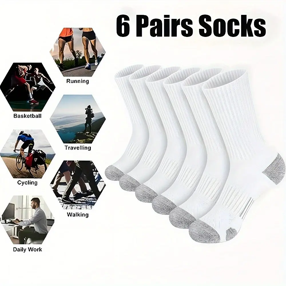 Men's 6-Pair Athletic Crew Socks, Cushioned Moisture-Wicking, Breathable Compression Arch Support, Machine Washable Sports Socks for Running, Breathable Compression Socks, Machine Wash outdoorfun