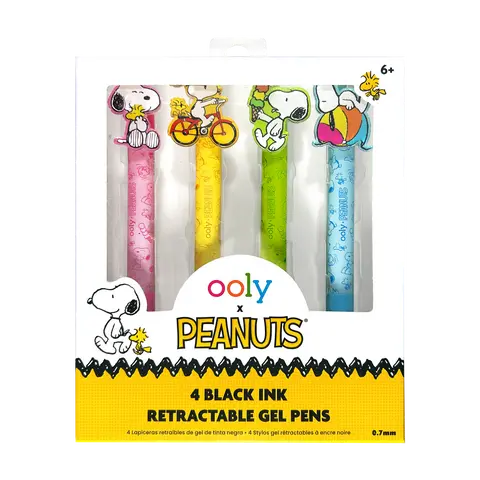 OOLY x Peanuts Retractable Black Ink Gel Pens - 0.7mm Fine Tip Writing Stationery Pen Kit, 4-Piece Set with Acrylic Clips, Snoopy & Woodstock Fun Scenes, Refills Included, 6 and Up Everyday Writing Office Supplies
