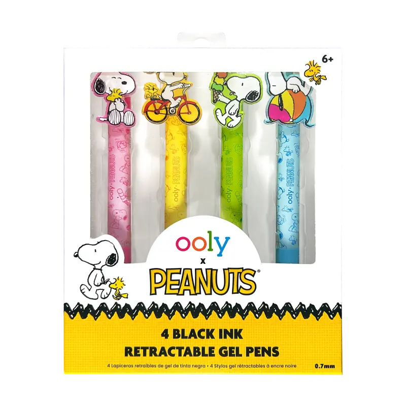 OOLY x Peanuts Retractable Black Ink Gel Pens - 0.7mm Fine Tip Writing Stationery Pen Kit, 4-Piece Set with Acrylic Clips, Snoopy & Woodstock Fun Scenes, Refills Included, 6 and Up Everyday Writing Office Supplies