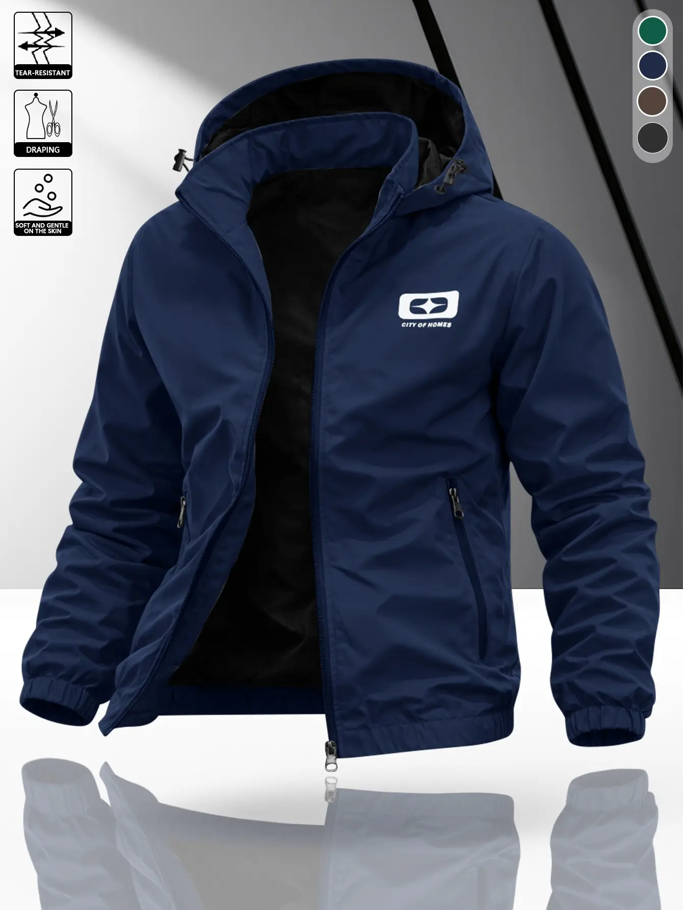Men’s waterproof, windproof hooded jacket with drawstring; skin-friendly, smooth feel, lightweight full-zip baseball jacket; ribbed elastic cuffs and hem, side zip pockets, chest print; suitable for hiking, camping, cycling, and everyday commuting; availa