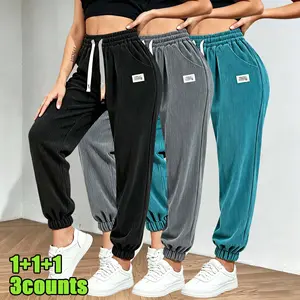 Women's Soft Solid Color Corduroy Casual Pants, Elastic Waist with Adjustable Drawstring, Cuffed Ankle Design, Comfortable Trousers for Spring and Fall, Office Wear & Daily Outfits
