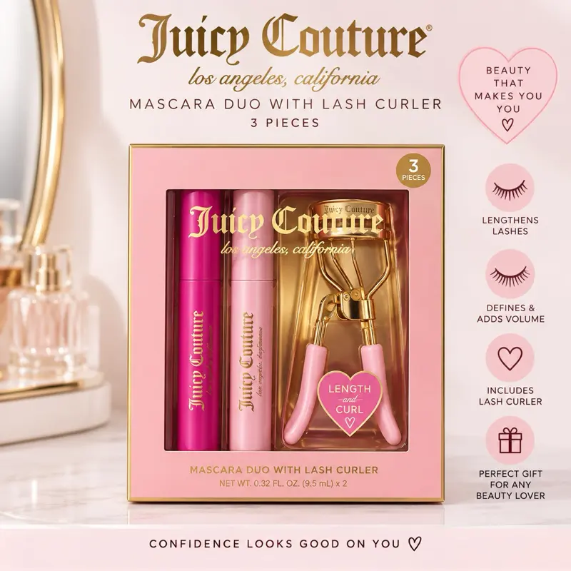 Juicy Couture Mascara Duo with Lash Curler - 3 Pieces Set for Lengthening & Defining Lashes - Perfect Gift for Beauty Lovers
