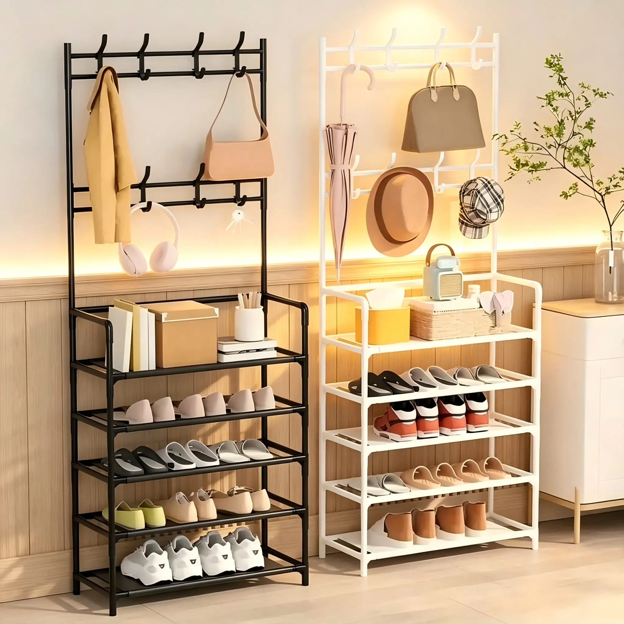 Industrial Pipe Entryway Organizer, 5-Tier Shoe Rack with Double Row Coat Hooks, Black Metal Multi-Purpose Shoe Coat Storage Stand for Hallway Front Door Bedroom, Space Saving Shoe Display Shelf with Hanging Rod for Bags Hats Scarves