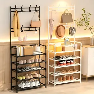 Industrial Pipe Entryway Organizer, 5-Tier Shoe Rack with Double Row Coat Hooks, Black Metal Multi-Purpose Shoe Coat Storage Stand for Hallway Front Door Bedroom, Space Saving Shoe Display Shelf with Hanging Rod for Bags Hats Scarves