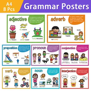 8 Piece A4 Grammar Learning Posters Set, Classroom Decoration, Educational Clipboards for Students, Perfect Bulletin Board Supplies