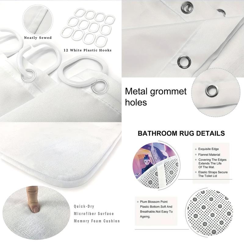 K-Pop Demon Hunters Bathroom Set, Shower Curtain with Hooks, Non-Slip Bath Rug, U-Shaped Toilet Mat, Toilet Lid Cover, Bathroom Decoration Accessories