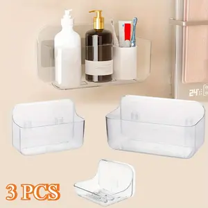 3pcs Different sizes Clear Acrylic Self Adhesive Bathroom Shower Organizer Caddy, Shower Soap Dish, No Drilling Hang Wall Clear-3 Baskets