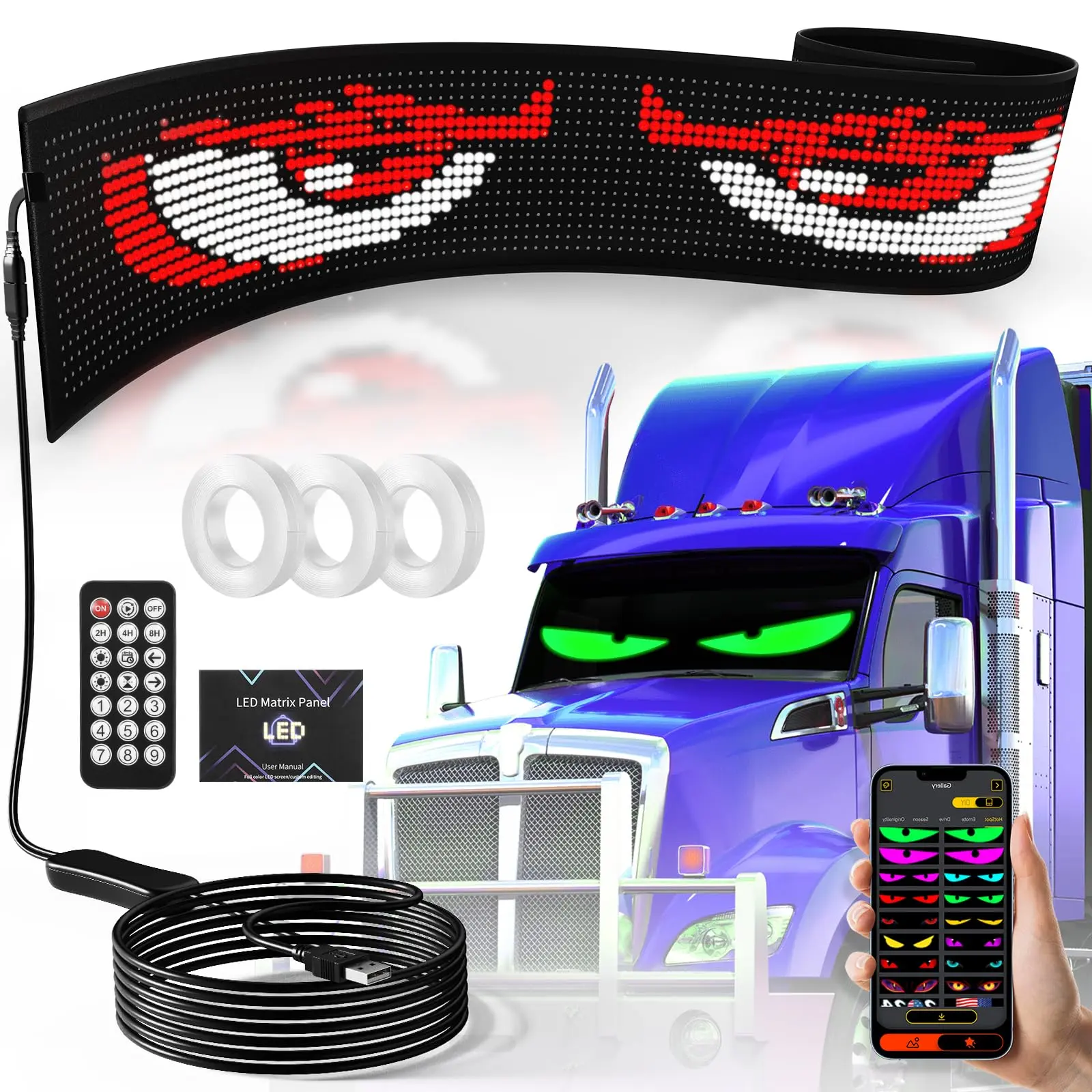 Led Devil Eyes Light For Windshield 52.36x7.56 Inch  Large Size Diy Car Truck Animated Flexible Smart Colorful Eye Lamp Soft Screen Windows