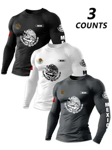 Men's 3-Pack Knit Round Neck Long Sleeve Fitted T-Shirts, Casual Streetwear Top, Eagle Pattern Mexico Letter Print, Spring Outdoor Casual Set