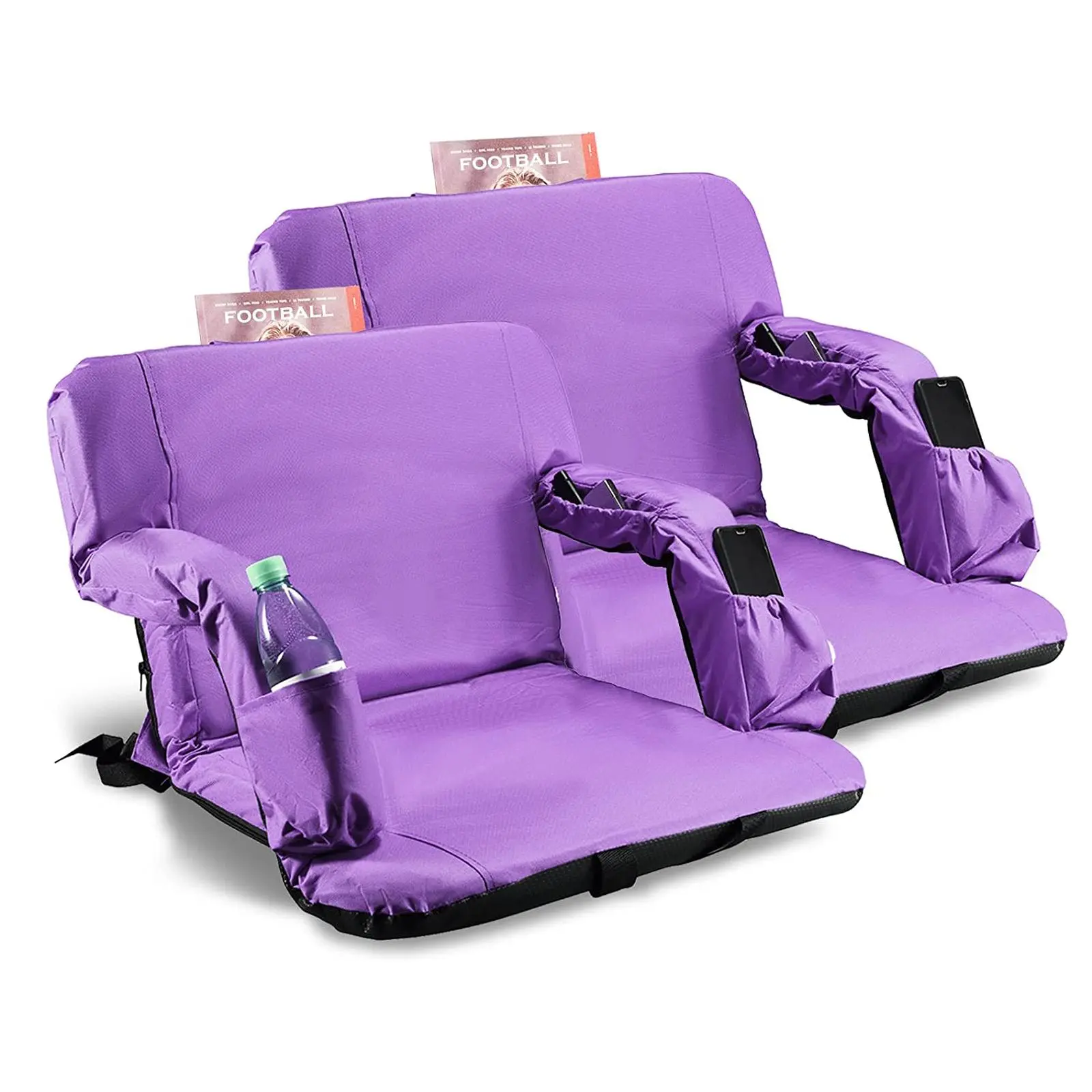 2PCS 24" Extra Wide Stadium Bleacher Seats - Adjustable Reclining Folding Chairs with Back Support, Thick Padded Cushion, Armrest, 4 Pockets, Drink Holder, Portable Shoulder Straps