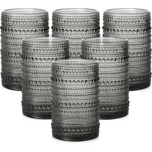 Glassware Drinking Glasses Set of 6,15 oz Hobnail Glass Cups,Embossed Grey Water Tumbler,for ,,,Juice and Various Mixed Drinks- 1 Cleaning Brush