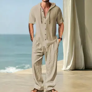 Men’s 2-Piece Linen Blend Menswear Plain Clothes Set - Beige Hooded Shortsleeve Button-Down Crinkle Shirt, Matching Elastic Drawstring Waist Wide Leg Pants, Lightweight Breathable Fabric for Beach Vacations, Summer Getaways