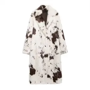 Women's Cow Print Faux Fur Coat, Thick Warm Long Jacket for Fall & Winter, Eco-Friendly Imitation Leather Outerwear