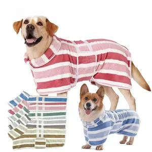 Striped Quick Dry Super Soft Absorbent Fabric Dog Bathrobe with Adjustable Belly Band Ideal for Bathing Swimming and Grooming