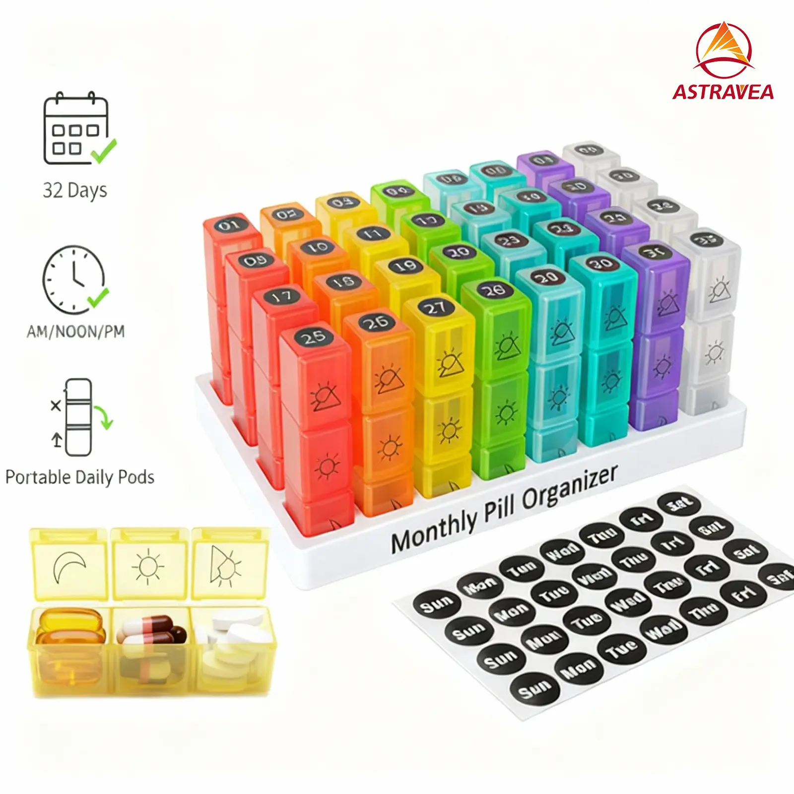 ASTRAVEA  Monthly Pills Organizer, AM\PM\NOON Portable Home Storage Box, Monthly Pills Organizers