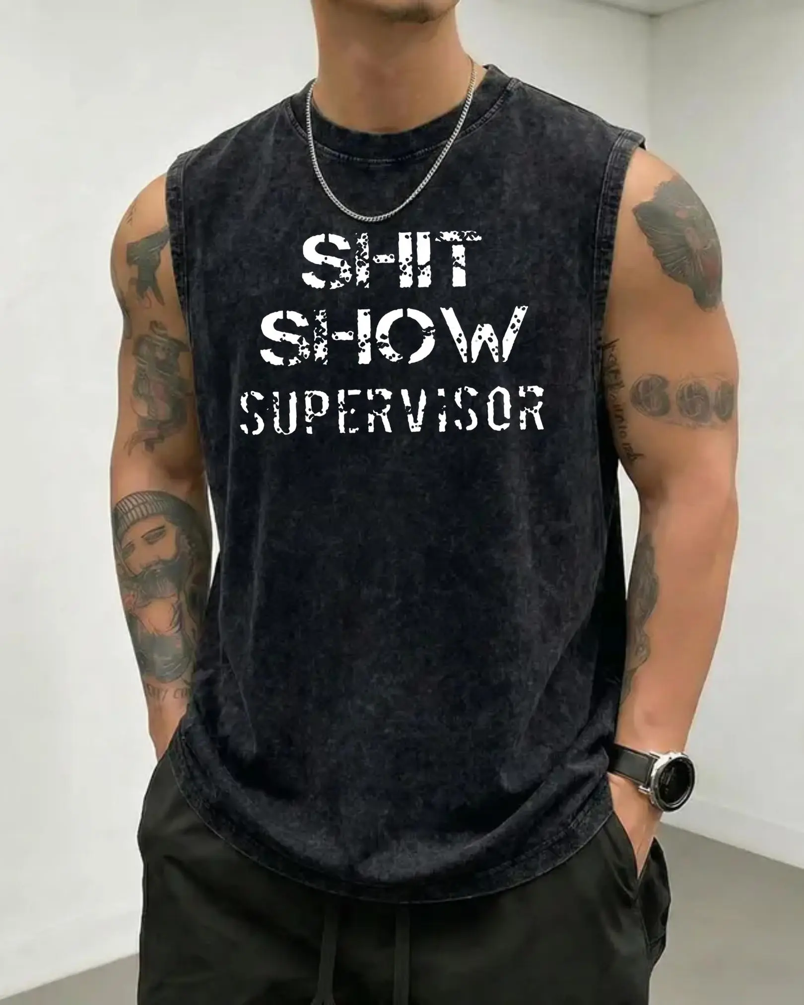 "Shit Show Supervisor" Funny Work Humor Washed Tank Top | Distressed Black Muscle Shirt | Sarcastic Coworker Gag Gift for Manager