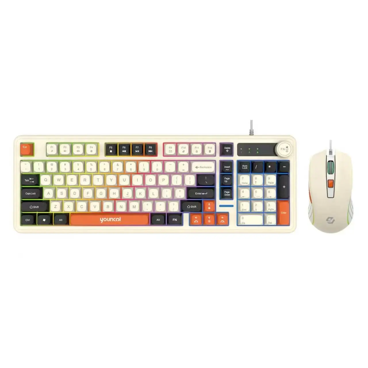 98-Key Wired RGB Keyboard and Mouse Combo with Volume Knob, Color-Block Keycaps, Ergonomic Peripheral Set for PC Laptop Gamers, Black & Off-White Optional gaming keyboard