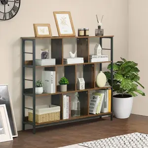 CAPHAUS 3 Tier 10 Cube Bookshelf, Office Shelf, Horizontal Bookcase, Industrial Open Display Shelf with Metal Frame, Wooden Board, for Home, Office, 48 Inch, Rustic Oak / White