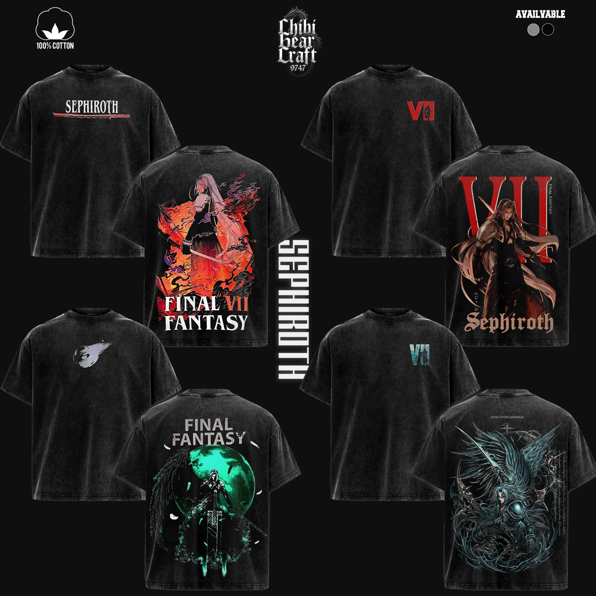 [COLLECTION]  Final Fantasy 7 Sephiroth Classic Cotton Short-Sleeve T-Shirt - 1-Winged Angel, Masamune, Meteor, Vintage Washed, Oversized, JRPG, Dark Fantasy, Edgy Streetwear, Y2K Merch, Gift for Game Fans, Apparel