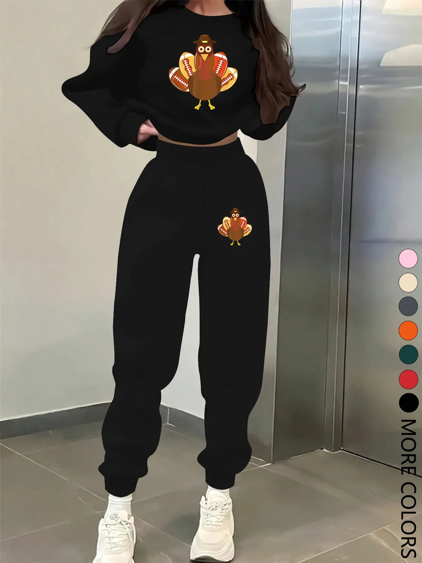 New Creative Thanksgiving Print Letter Sweatshirt Set, Casual Long Sleeve Round Neck Top & Pants, Spring Fall Winter Fashion Women