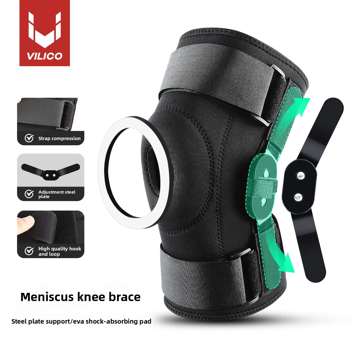 Sports Knee Brace - Neoprene Knee Compression Sleeve with Patella Protection, Steel Plate Support, Hook Closure, Adjustable Strap, Shock Absorption, Snug Fit, Anti-Collision for Running, Fitness, Meniscus Knee Brace