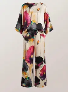 Fashion Summer Printed Satin Two-Piece Set for Women Round Neck 3/4 Sleeveless Top + Wide-Leg Long Pants Casual Two-Piece Set