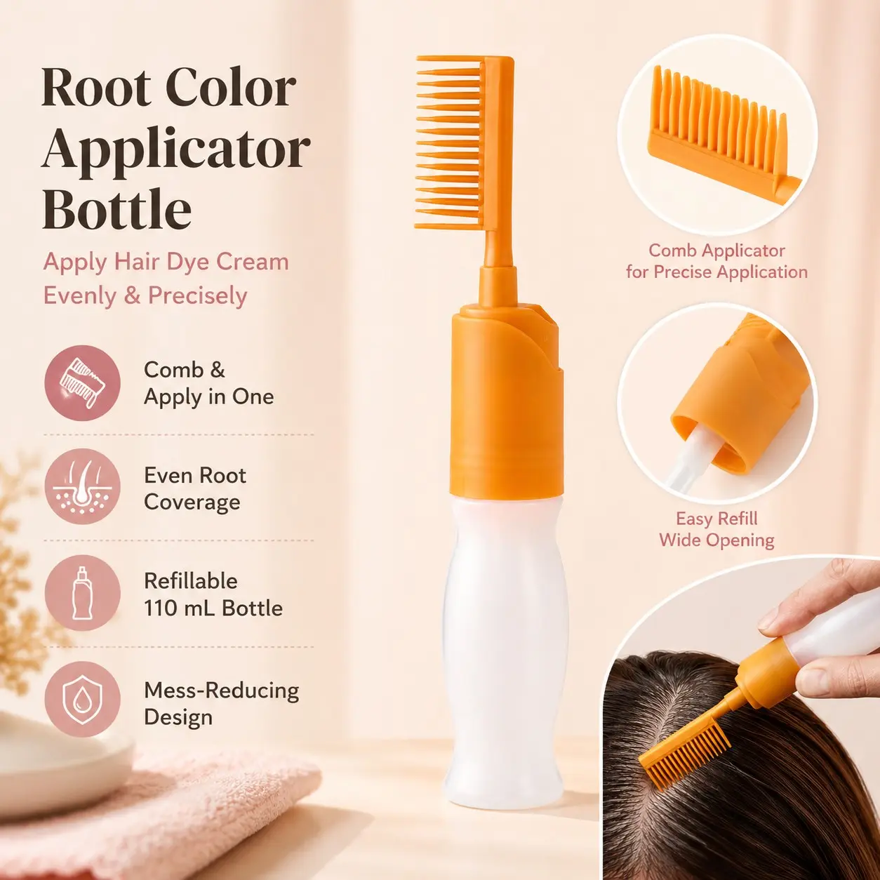 110ml Hair Dye Applicator Bottle with Comb, Refillable Root Touch Up Hair Color Bottle, Squeeze Hair Dye Cream Applicator Comb for Even Root Coverage, Hair Coloring Tool for Home Salon Use, Integrated Dye Comb