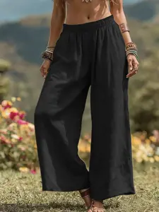 Women's Fashion Casual Wide Leg Pants, High Waist Elastic Long Pants, Lazy Loose Style, Side Pocket Design, Vacation Daily Wear, Womenswear