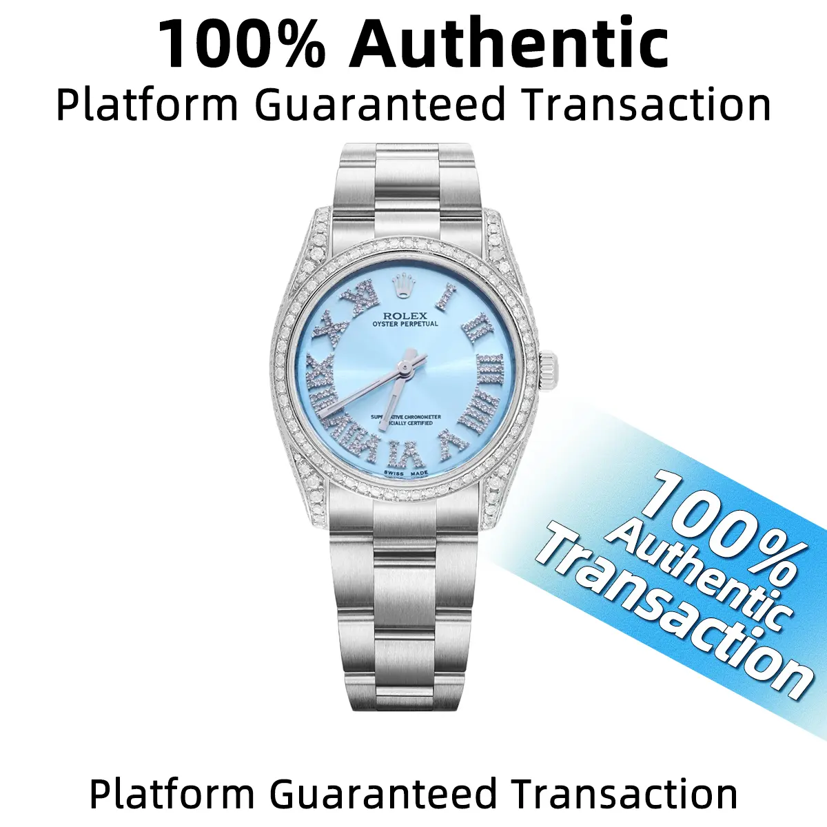 Rolex Oyster Perpetual Collection 177200  Automatic Movement  31mm Ice Blue Dial  Stainless Steel with Aftermarket Diamonds  Ladies’ Watch WHP039916