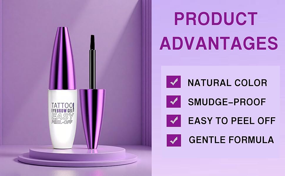Waterproof Tattoo Eyebrow Gel, Easy Peel-Off Brow Tint with Rectangular Fiber Brush, Non-Clumping 3D Flawless Look, 24H+ Long-Wearing, Safe for Sensitive Skin (10g)