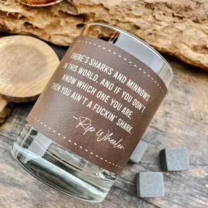 Rip Wheeler Sharks & Minnows / Whiskey / Bourbon / Scotch / Engraved Leatherette / Single Glass / Christmas Gift