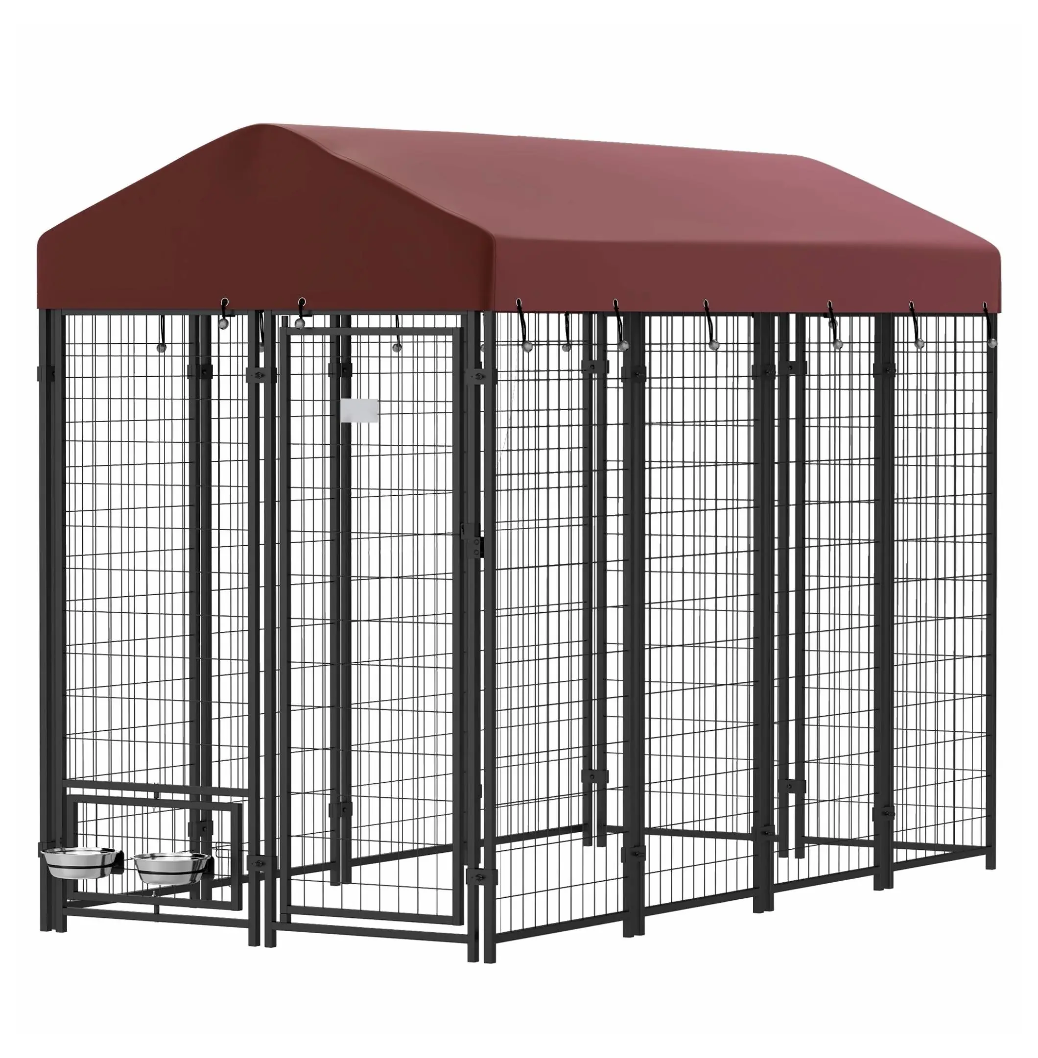 Outdoor Dog Kennel 8x4x6, Walk-in Pet Playpen with Cover, Rotating Bowls - Red