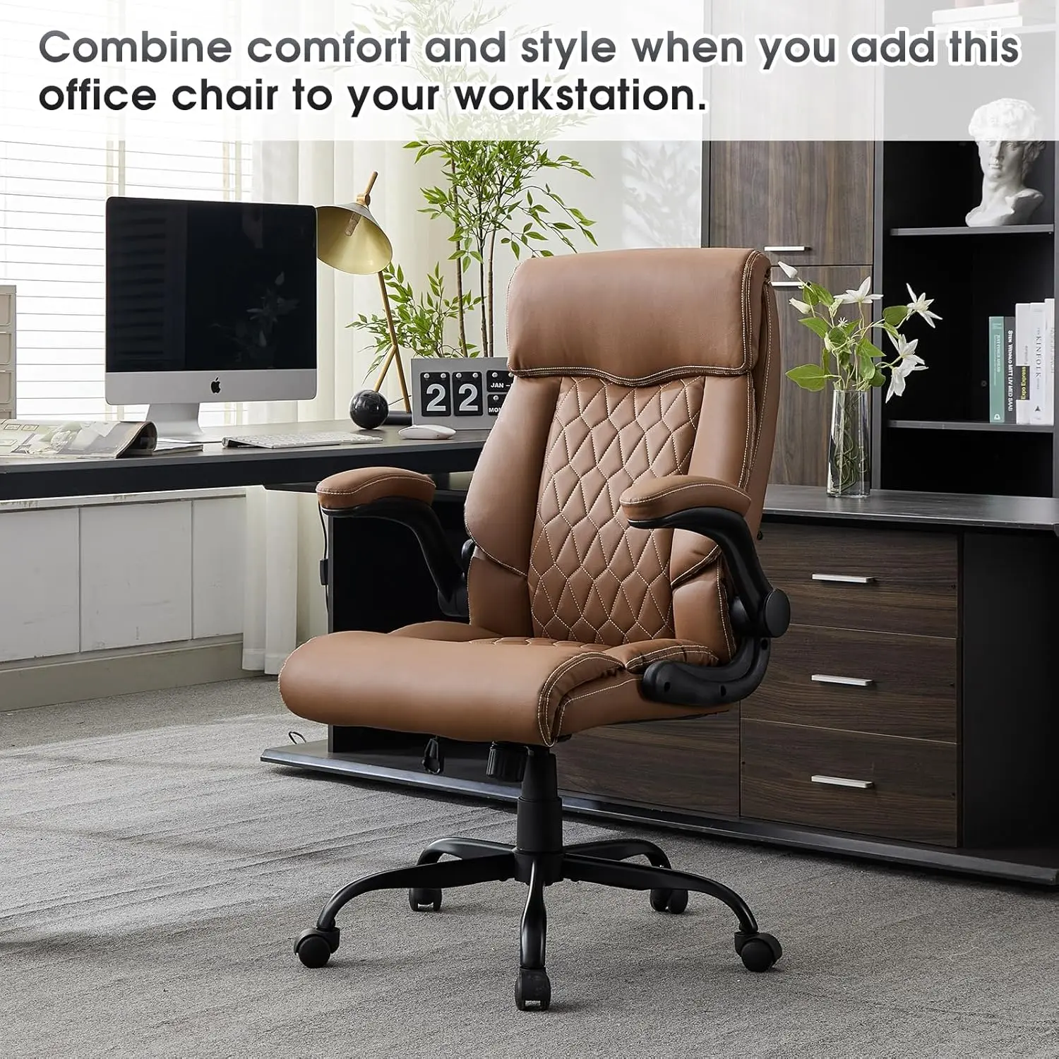 Modern PU Leather Ergonomic Office Armchair - Home Office Furniture with Flip-up Armrests, Back Support, Rocking Function, Height Adjustment, 360-Degree Swivel Base, Adjustable Design, Assembly Required