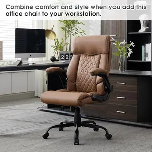 Faux Leather Comfy Desk Chair with Flip-up Armrests, Ergonomic Back Support, Rocking Function, Height Adjustable Swivel Executive Computer ChairF