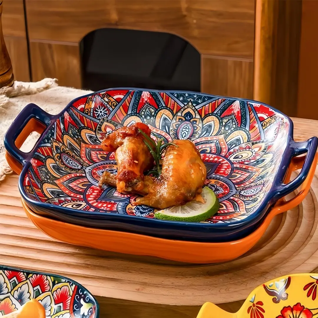 Bohemian Ceramic Salad Serving Decorative Plates Set of 2, Boho Colourful Tableware, Dual Handle Baking Dish, Oven and Microwave Safe, Vibrant Floral Design, Ideal for Pasta
