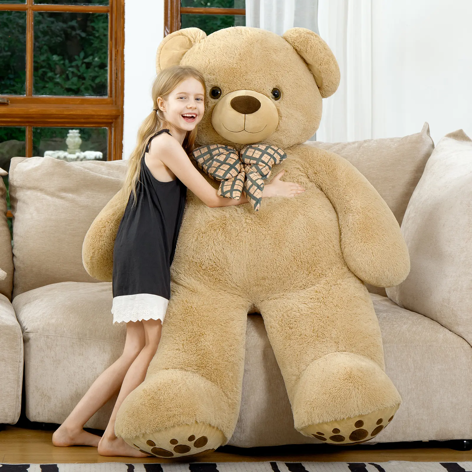 5 Feet Giant Teddy Bear Stuffed Animal, 150cm Pink Plush Bear with Plaid Bow, Large Soft Teddy Bear Plush Toy, Oversized Hugging Pillow Gift for Kids Girls Girlfriend Birthday Christmas Valentine's Day Super Soft Fluffy