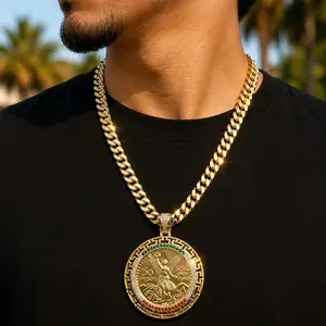 14K Gold Plated Mexican Flag 50 Pesos Centenario Pendant with Cuban Curb 24" 7mm Fashion Chain Unisex Jewelry for All Occasions Elegant Heritage Necklace