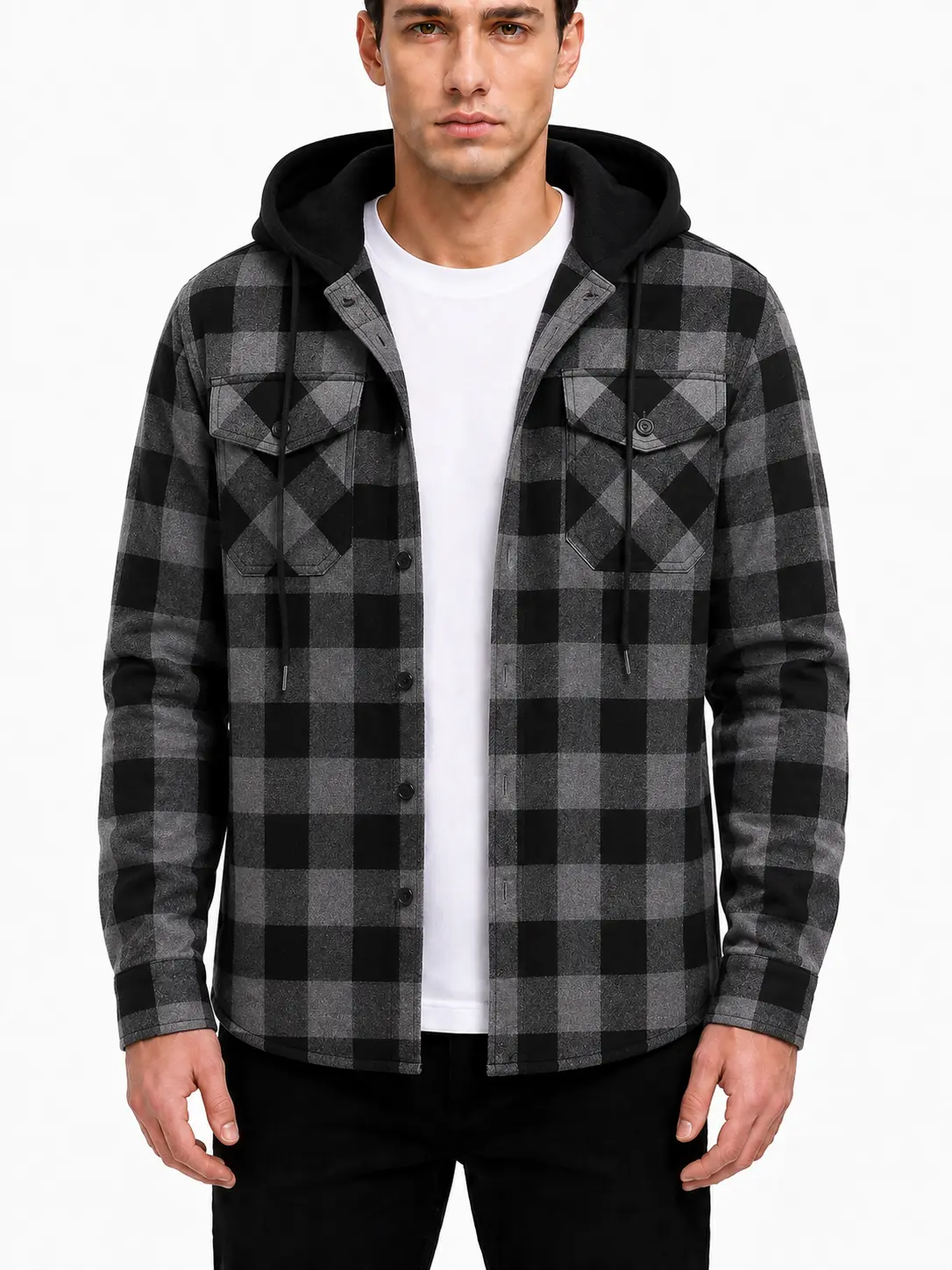 ZITY Men's Lightweight Checked Flannel Hoodie - Casual Long-Sleeve Button-Down Top, Menswear Tops & Sweatshirts for Everyday Wear