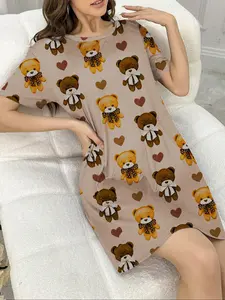 Women's nightgown, short-sleeved V-neck fitted pajamas, casual home wear dresses, comfortable daily sleep wear