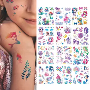12pcs Colorful Glitter Powder Mermaid Unicorn Waterproof Temporary Tattoo Sticker Rainbow Underwater World Mermaid Princess Stars and Moon Magic Wand Wings Cute Patterns Body Art Arm Fake Tattoos Sleeve Women Men Peel Off Tattoo