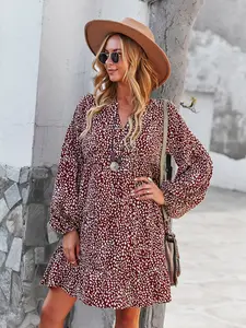 Women's Dalmatian Print Notched Neck Ruffle Hem Smock Dress, Casual Bishop Sleeve Short Dress for Fall & Winter, Women's Clothing for Daily Wear