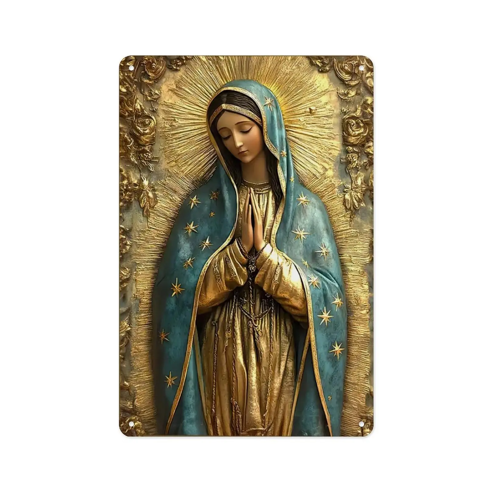Vintage Flat Printed Metal Tin Sign, 2D Non 3D No Emboss Our Lady of Guadalupe Virgin Mary Praying Golden Floral Religious Wall Plaque, 8 ×12 Inch Catholic Latin Christian Farmhouse Home Altar Wall Decor Gift