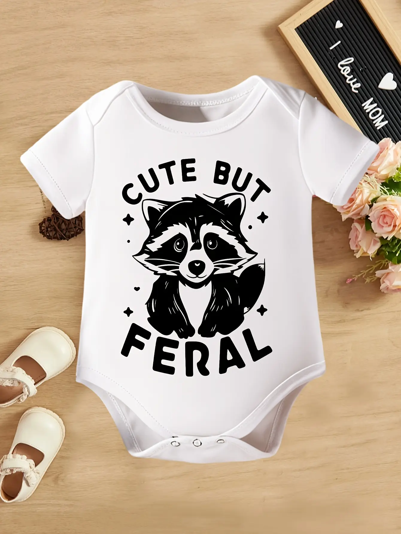 Cute But Feral Baby Bodysuit Black Cartoon Raccoon Star Graphic Short Sleeve Cotton Newborn Romper Funny Infant Outfit
