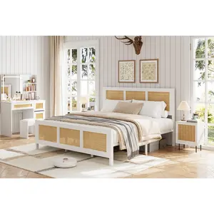 Boho Rattan Bed Frame Full Size with Headboard & Footboard - Sturdy White Wicker, 800 lb Metal Slat Support, Noise-Free, No Box Spring Needed - Bedroom Furniture