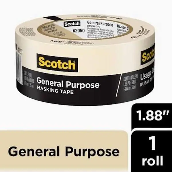 3M Scotch General Purpose Masking Tape - Clean Peel, Strong Hold, Lasts Up to 5 Days, Peels Away Cleanly, 1.88 in x 60 yd (48 mm x 55 m), Single Roll for Labeling, Bundling